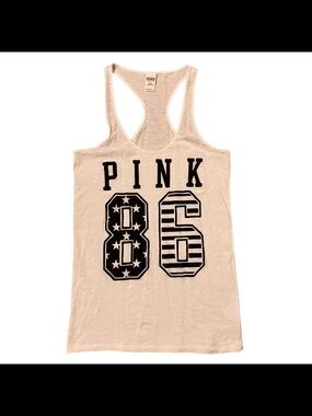 PINK Victoria’s Secret White 86 Graphic Racerback Tank Top Medium